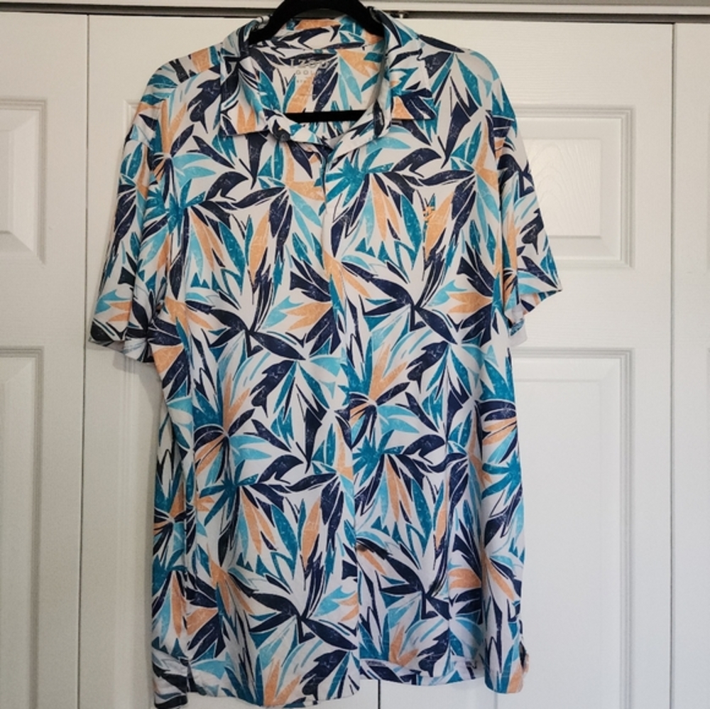IZOD Golf Men's Stretch Golf Polo Shirt Tropical Print Blues and Orange‎